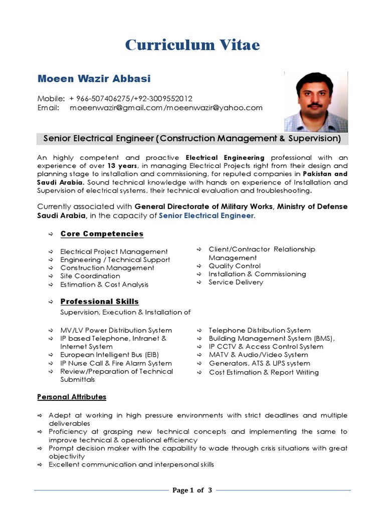 cv for pakistani electrical engineer