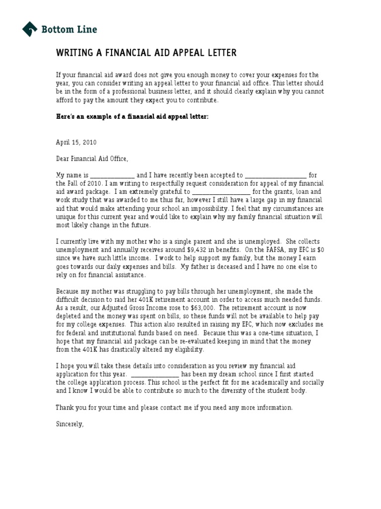Appeal Sample Letter For Financial Aid