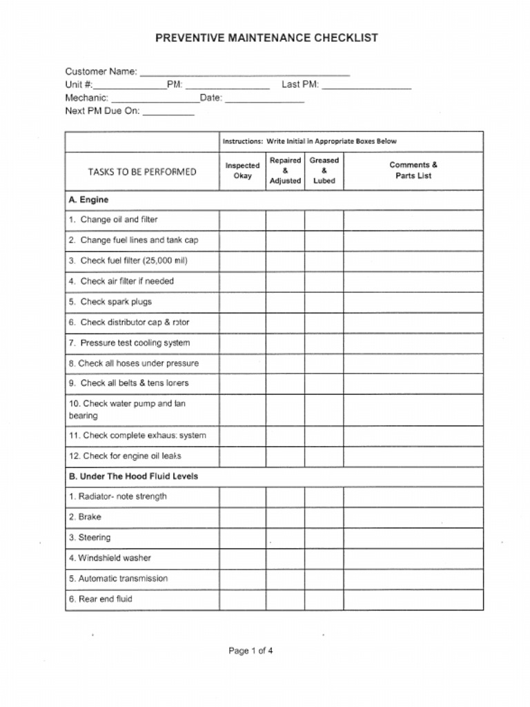 preventive maintenance checklist template excel
